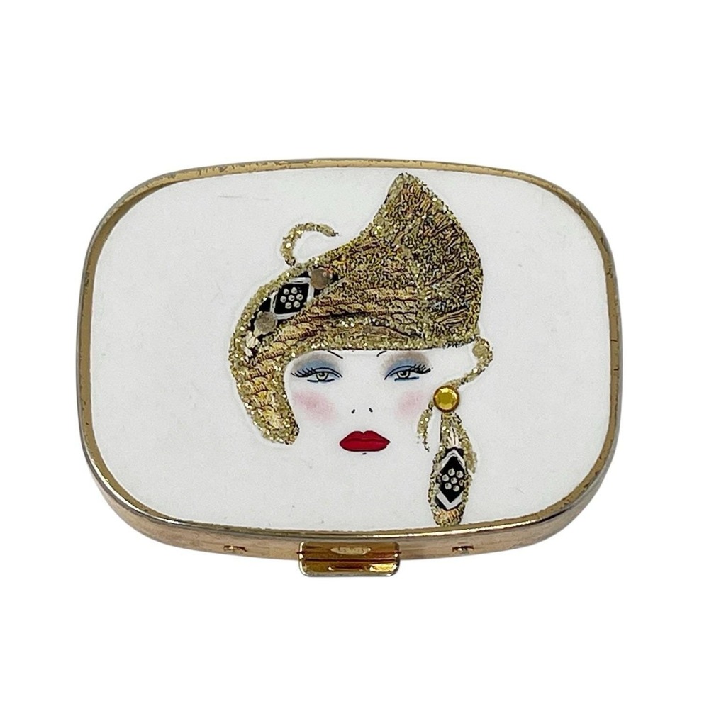 Vintage Embellished Woman Travel Pillbox 3 Compartments Gold Tone Easy Open